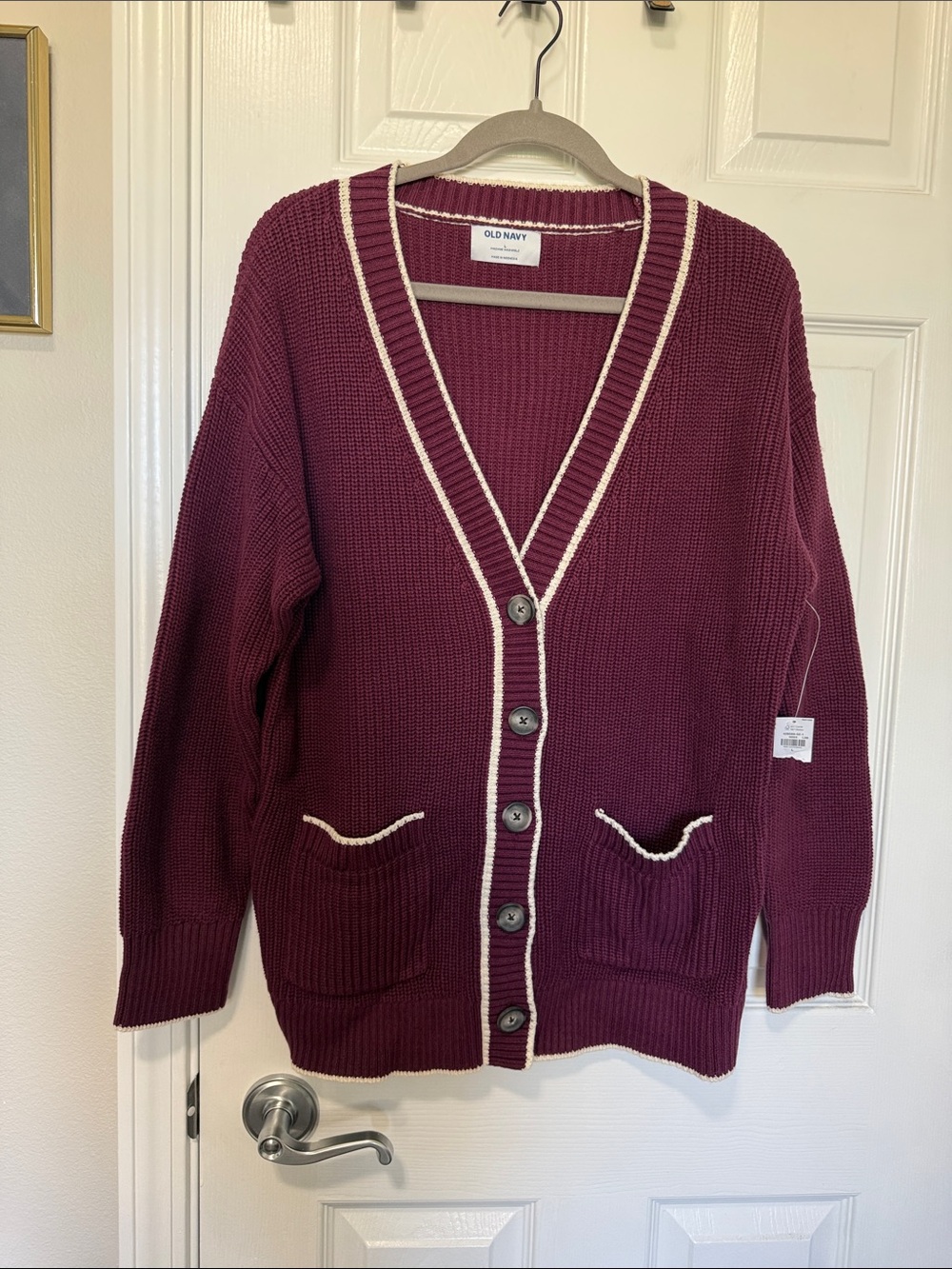 Old Navy Burgundy Button-Front Cotton Cardigan with Cream Trim Accents Sz L NWT